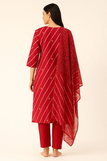 Red Bandhej-Inspired Embroidered Cotton Kurti Set with Dupatta