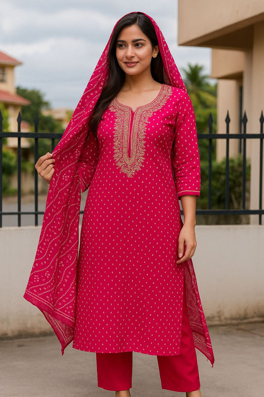 Elegant Pink Bandhani Print Kurti Set with Embroidered Neckline