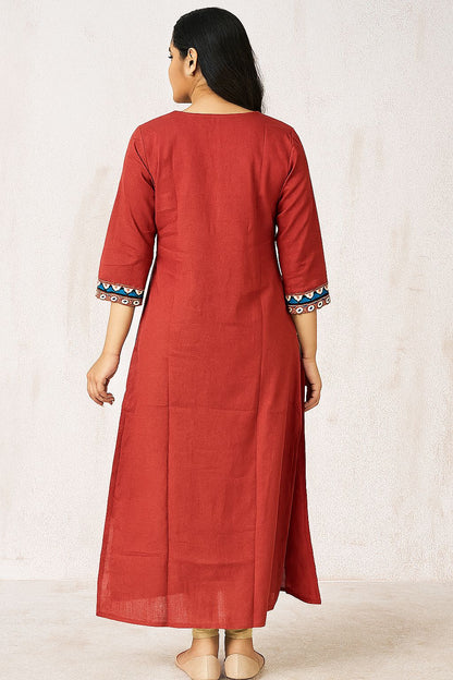 Maroon Cotton A-Line Kurta with Embroidered Yoke & 3/4th Sleeves