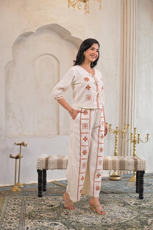 Cream Co-Ord Set with Handcrafted Rust Floral Embroidery