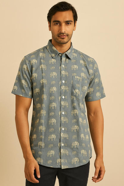 Men’s Blue Cotton Shirt with All-Over Elephant Print