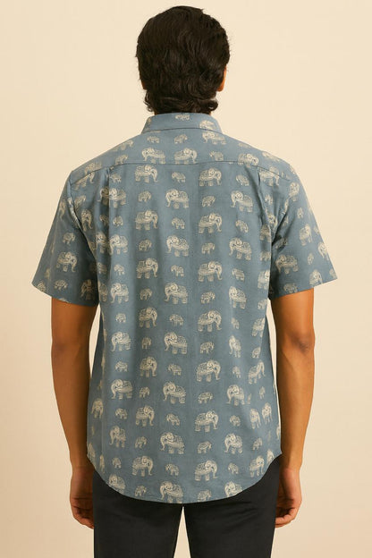 Men’s Blue Cotton Shirt with All-Over Elephant Print