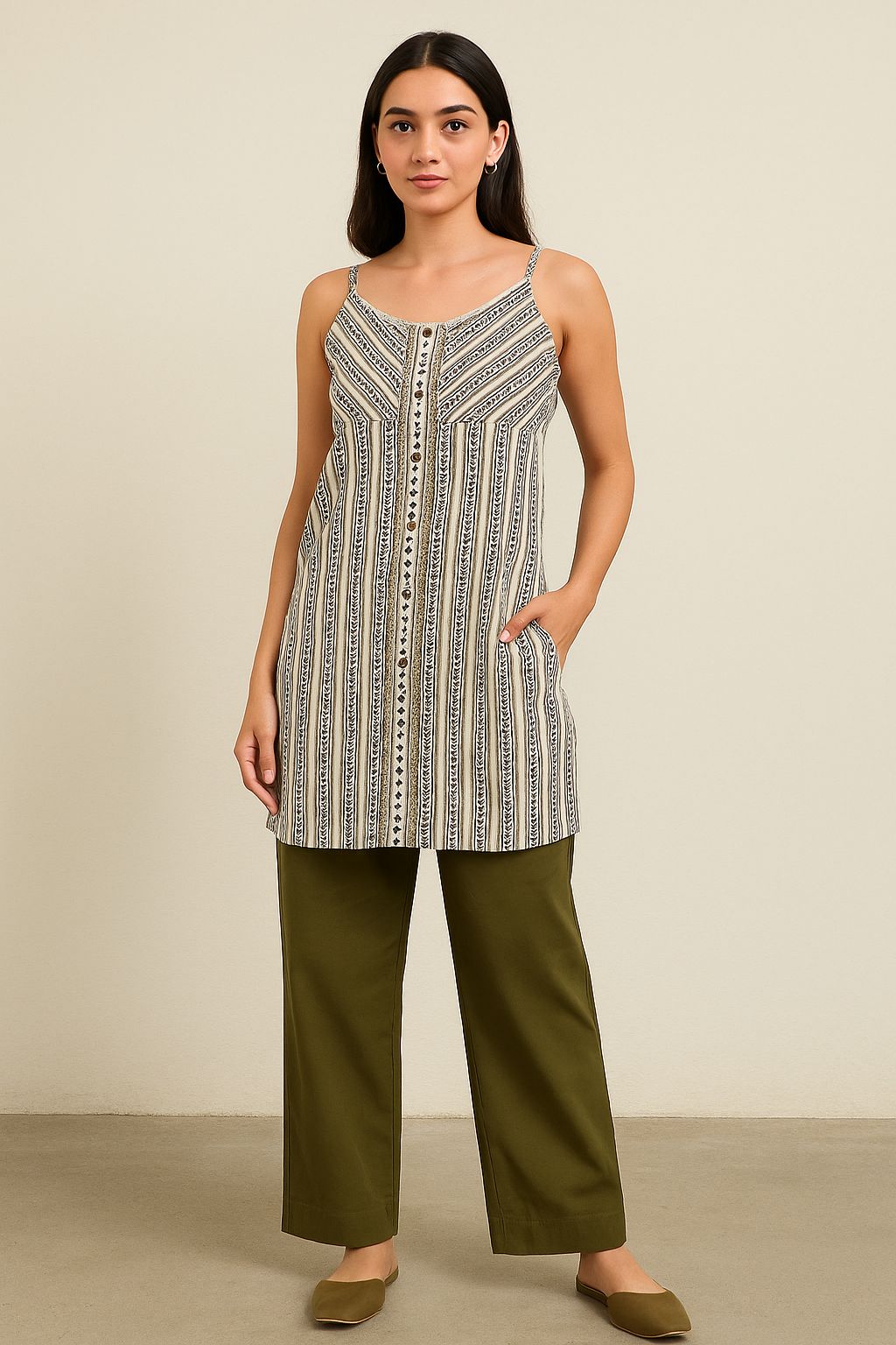 Beige & Black Striped Sleeveless Kurti with Olive Green Pants – Women’s Cotton Co-ord Set