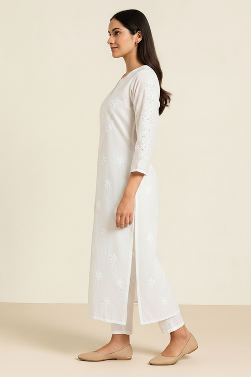 Elegant White Cotton Chikankari Embroidered Straight Kurti for Women