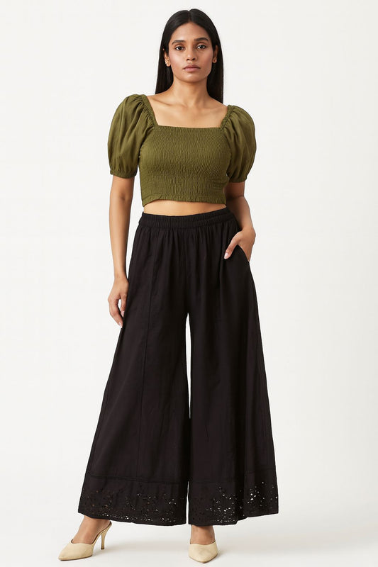 Women’s Black Cotton Palazzo Pants with Pocket & Embroidered Hem – Stylish Wide Leg Bottoms