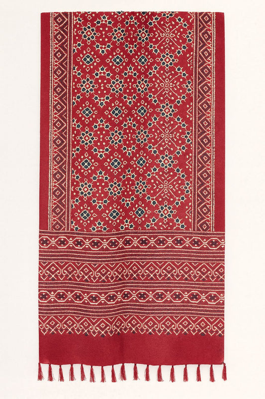 Handcrafted Red Ajrakh Silk Stole | Geometric Floral with Traditional Borders & Tassels