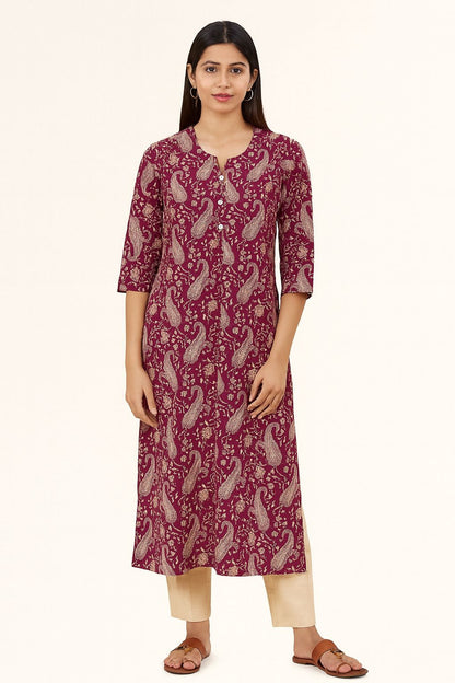 Women’s Maroon Cotton Printed Straight Kurti with Paisley Design & 3/4 Sleeves