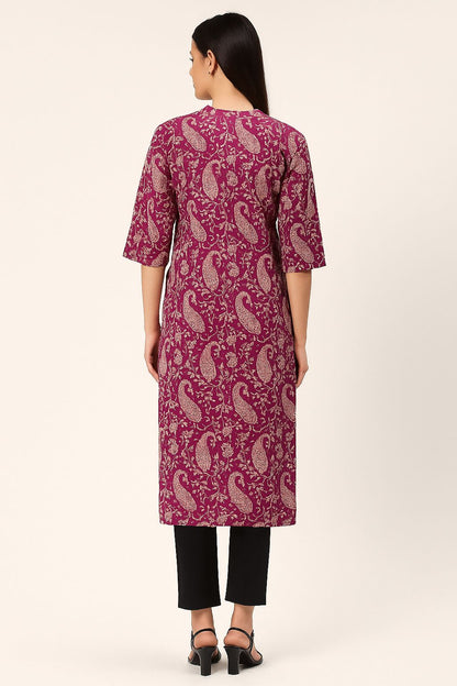 Women’s Maroon Cotton Printed Straight Kurti with Paisley Design & 3/4 Sleeves
