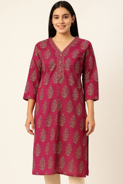 Women’s Pink Cotton Printed Straight Kurti with V-Neck & 3/4 Sleeves