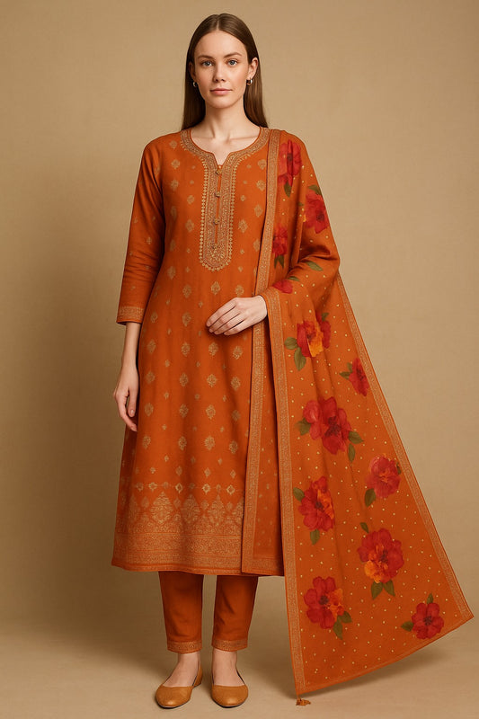 Rust Orange Rayon Kurti Set with Embroidered Neckline & Floral Dupatta – Elegant Ethnic Wear for Women