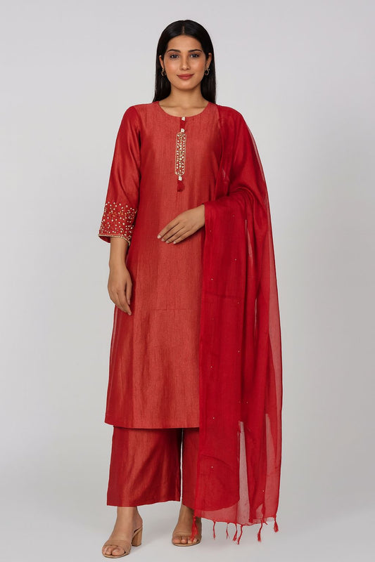 Red Tissue Fabric Kurti Set with Embellished Sleeves & Dupatta – Elegant Festive Wear for Women