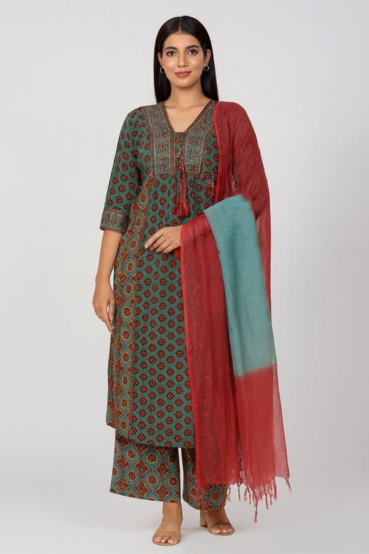Green Cotton Printed Kurti Set with Dupatta – Ethnic Wear for Women