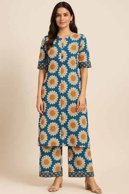 Blue Handblock Printed Cotton Co-ord Set for Women | Comfortable Ethnic Wear with Floral Design