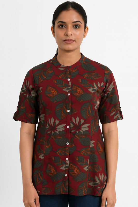 Women’s Maroon Floral Printed Cotton Short Kurti with Mandarin Collar & Half Sleeves