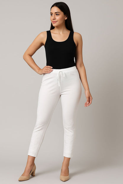 Women’s White Stretchable Pants with Embroidered Detailing – Comfortable Slim Fit Bottoms