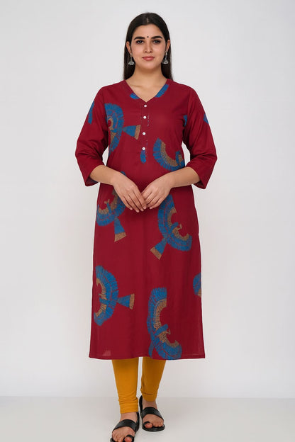 Women’s Maroon Printed Kurti with Blue Motifs – Cotton Straight Fit Daily Wear