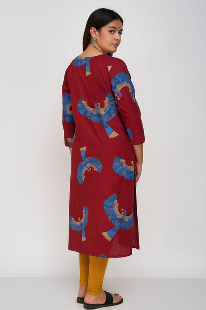 Women’s Maroon Printed Kurti with Blue Motifs – Cotton Straight Fit Daily Wear