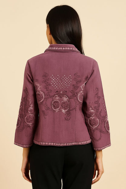 Women’s Maroon Embroidered Jacket – Ethnic Button-Down Short Jacket with Mirror Work
