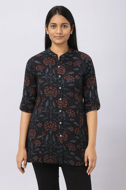 Women’s Black Rayon Short Kurti – Floral Printed Button-Down Tunic for Casual & Office Wear