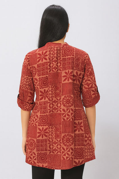 Women’s Maroon Rayon Short Kurti – Geometric Printed Button-Down Tunic for Daily & Office Wear