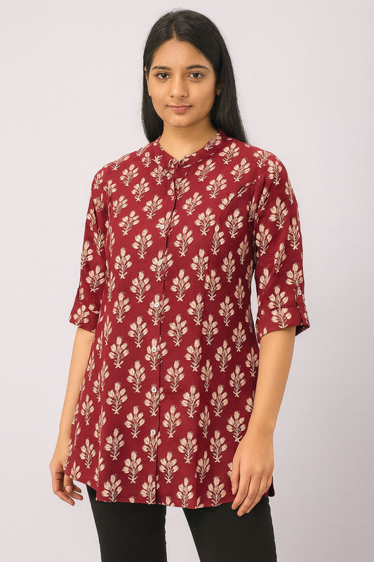 Women’s Maroon Rayon Short Kurti – Floral Printed Button-Down Tunic for Casual & Office Wear