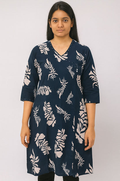 Women’s Navy Blue Cotton Kurti – Floral Printed Straight Fit with V-Neck and 3/4th Sleeves