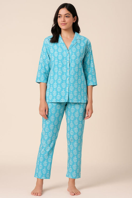 Pure Cotton Printed Women’s Night Suit Set – Sky Blue Comfort Wear