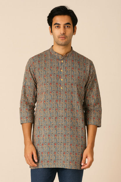 Men’s Cotton Printed Short Kurta with Mandarin Collar – Casual & Festive Wear