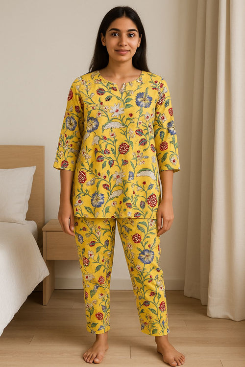 Women’s Cotton Floral Print Night Suit Set – Yellow Loungewear Kurta & Pant