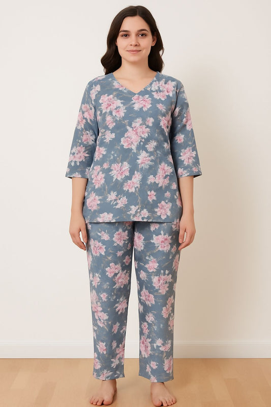 Women’s Cotton Floral Night Suit Set – Blue Lounge Wear Kurta & Pant