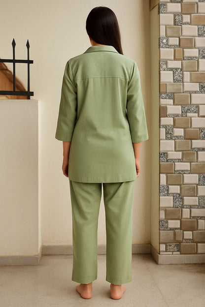 Women’s Mulmul Co-Ord Set – Green Button-Down Shirt & Pant Loungewear