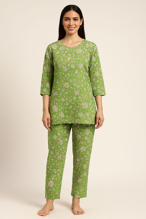 Green Floral Printed Cotton Night Suit Set