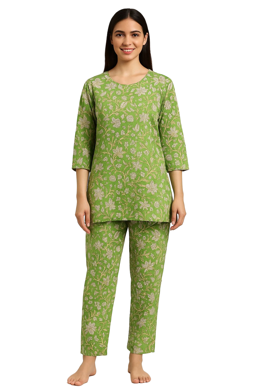 Green Floral Printed Cotton Night Suit Set