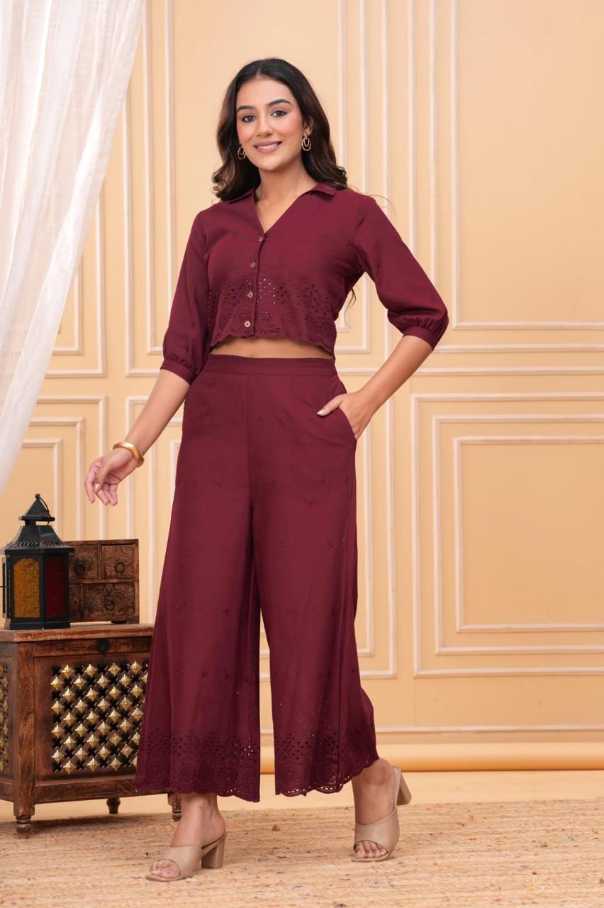 Women’s Maroon Cotton Co-ord Set – Stylish Crop Shirt & Wide-Leg Pants