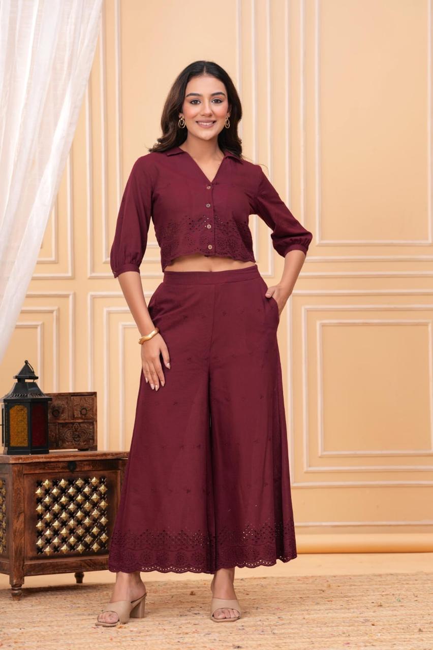 Women’s Maroon Cotton Co-ord Set – Stylish Crop Shirt & Wide-Leg Pants