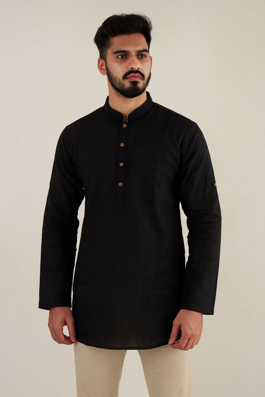 Men’s Black Cotton Short Kurta – Classic Ethnic Wear with Mandarin Collar