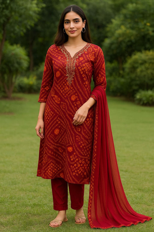 Elegant Red Bandhani Printed Kurti Set with Embroidered Neckline & Chiffon Dupatta – Natural Fab