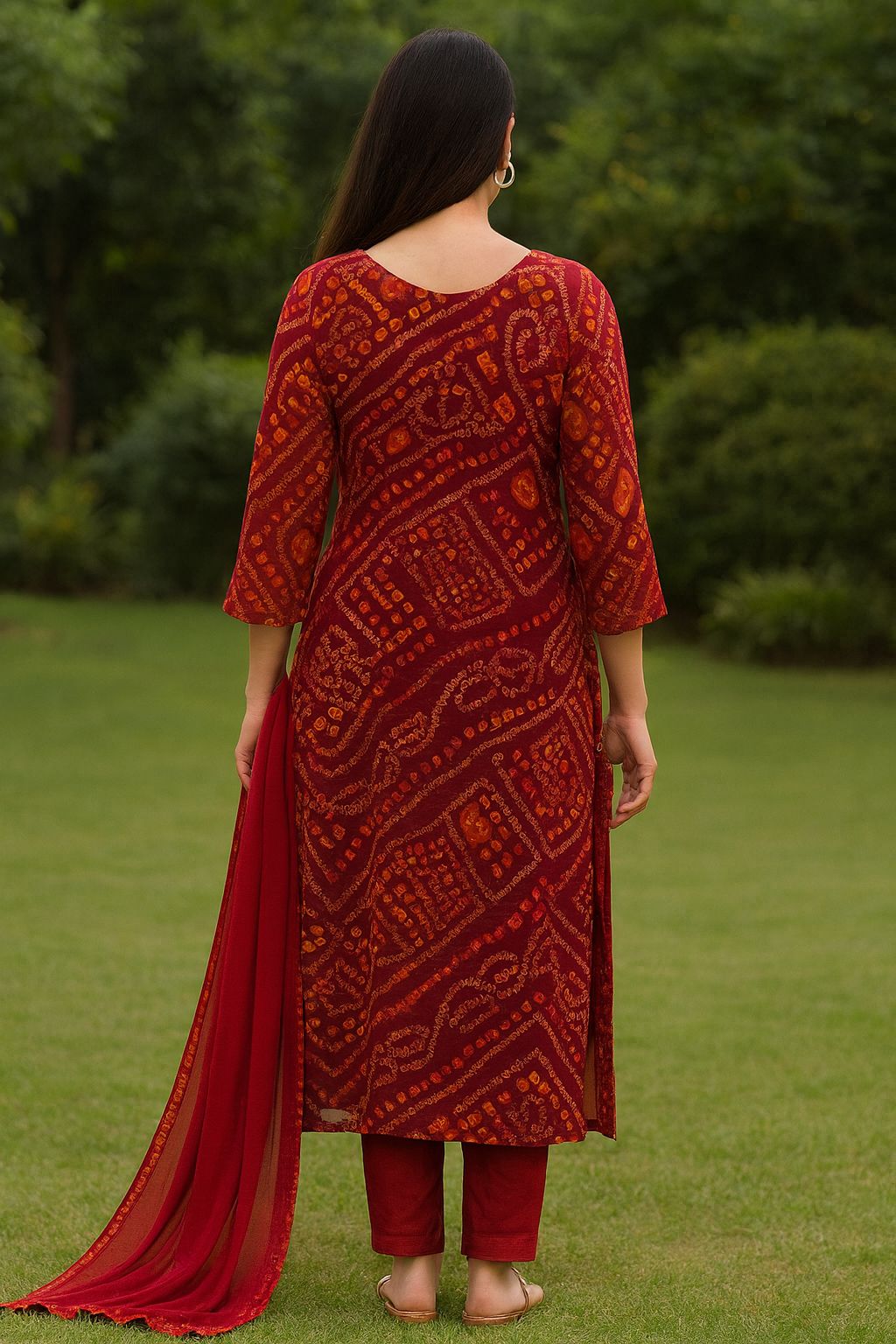 Elegant Red Bandhani Printed Kurti Set with Embroidered Neckline & Chiffon Dupatta – Natural Fab