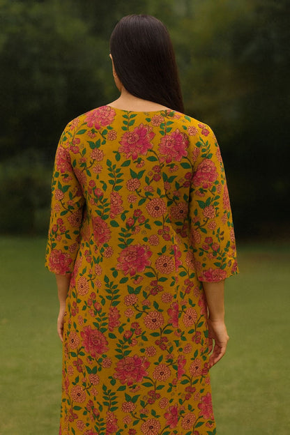 Mustard Yellow Floral Printed Cotton Kurti for Everyday Wear – Natural Fab