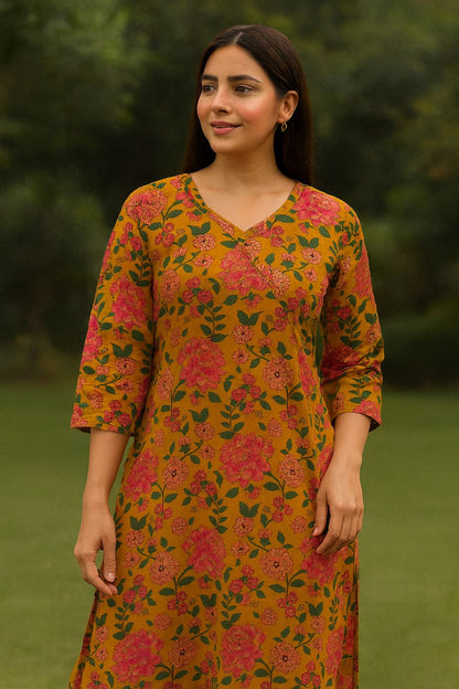 Mustard Yellow Floral Printed Cotton Kurti for Everyday Wear – Natural Fab