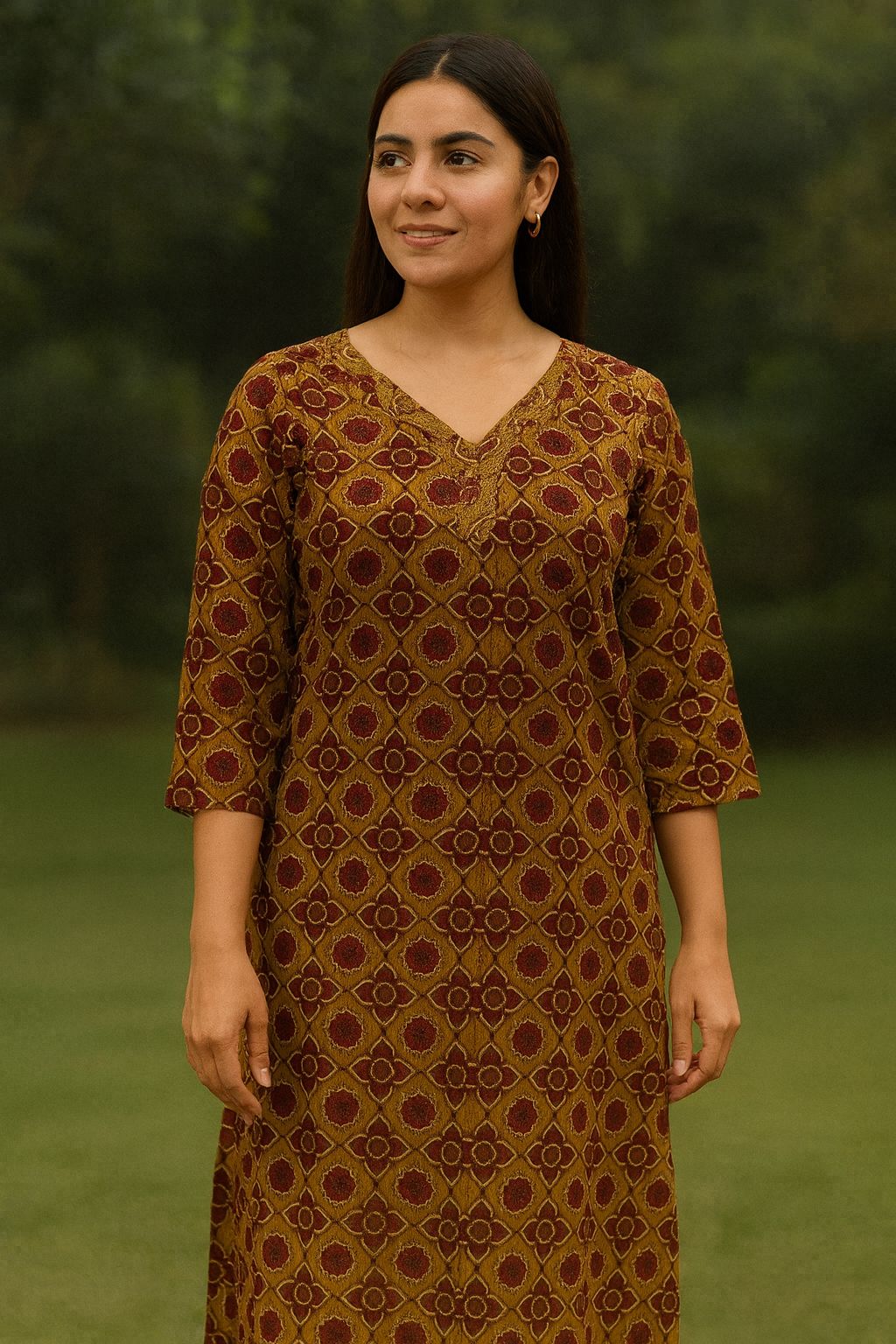 Brown & Maroon Geometric Printed Cotton Kurti for Everyday Wear – Natural Fab