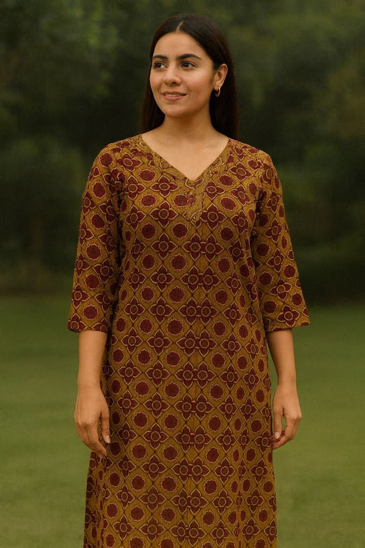 Brown & Maroon Geometric Printed Cotton Kurti for Everyday Wear – Natural Fab