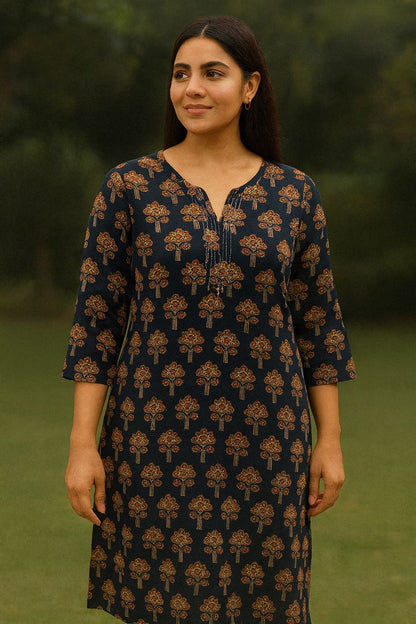 Navy Blue Cotton Kurti with Traditional Block Print for Everyday Wear – Natural Fab