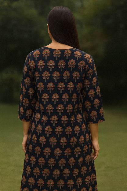 Navy Blue Cotton Kurti with Traditional Block Print for Everyday Wear – Natural Fab