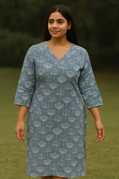 Sky Blue Cotton Kurti with White Lotus Print for Everyday Wear – Natural Fab