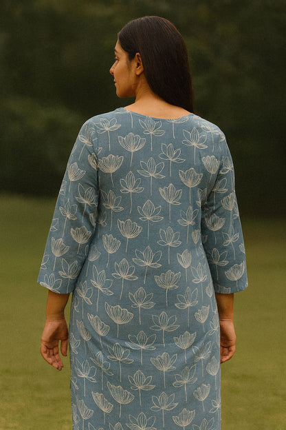Sky Blue Cotton Kurti with White Lotus Print for Everyday Wear – Natural Fab