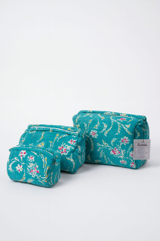 Handmade Cotton Toiletry Pouch Set of 3 – Travel Makeup & Cosmetic Organizer | Block Print Zipper Bags