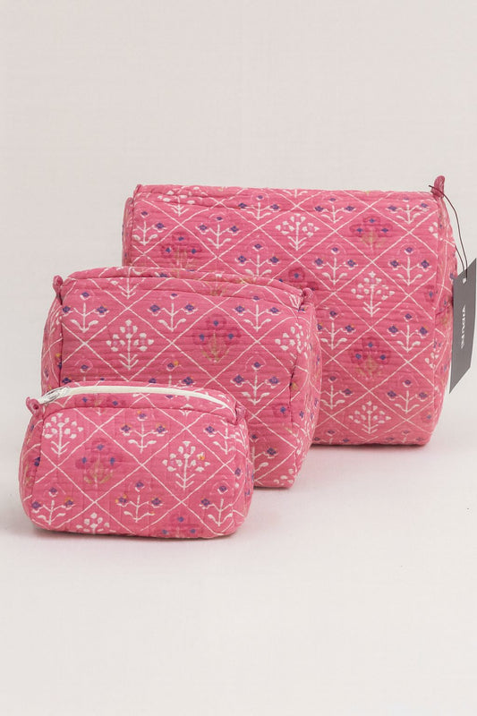 Pink Cotton Toiletry Pouch Set of 3 – Travel Makeup, Cosmetic & Organizer Bags | Handcrafted Block Print