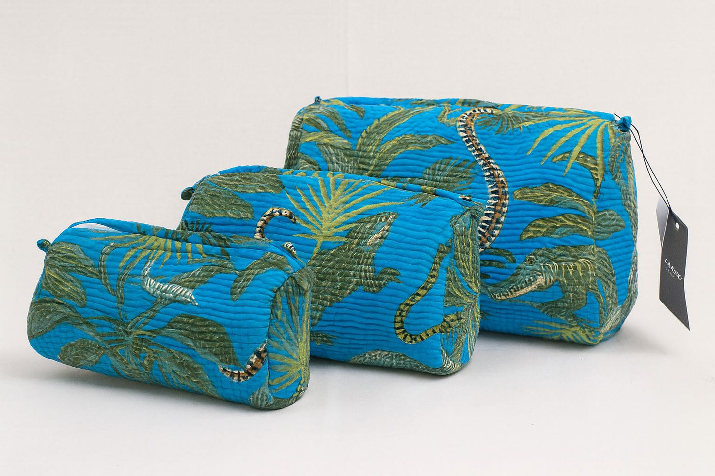 Blue Travel Toiletry Pouch Set of 3 – Cotton Makeup & Cosmetic Organizer Bags with Jungle Print
