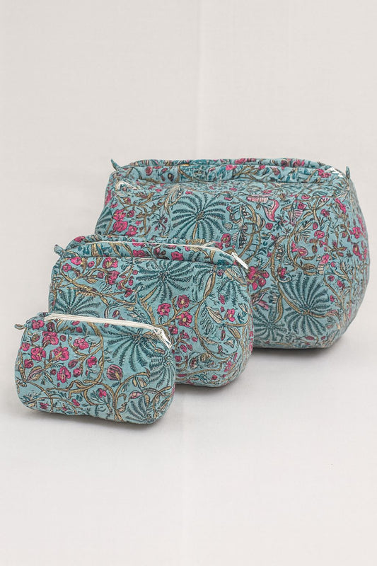Floral Cotton Toiletry Pouch Set of 3 – Travel Makeup & Cosmetic Organizer Bags | Handcrafted Zip Pouches